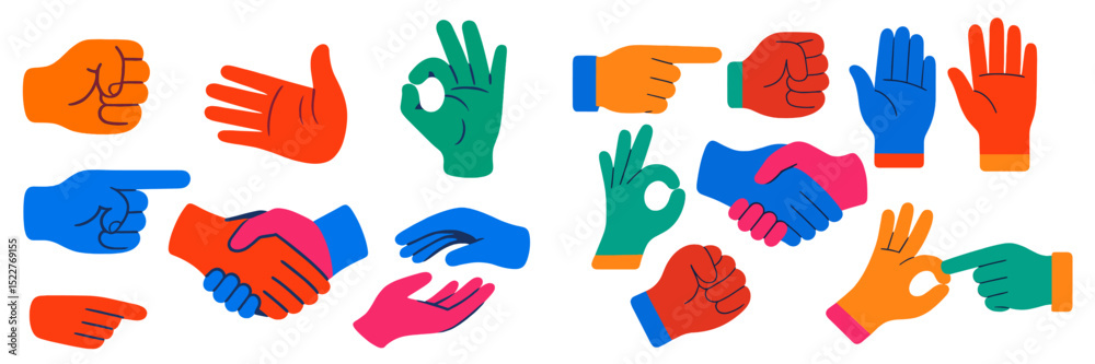 Poster Variety of colorful hand gestures and signs representing different expressions and interactions