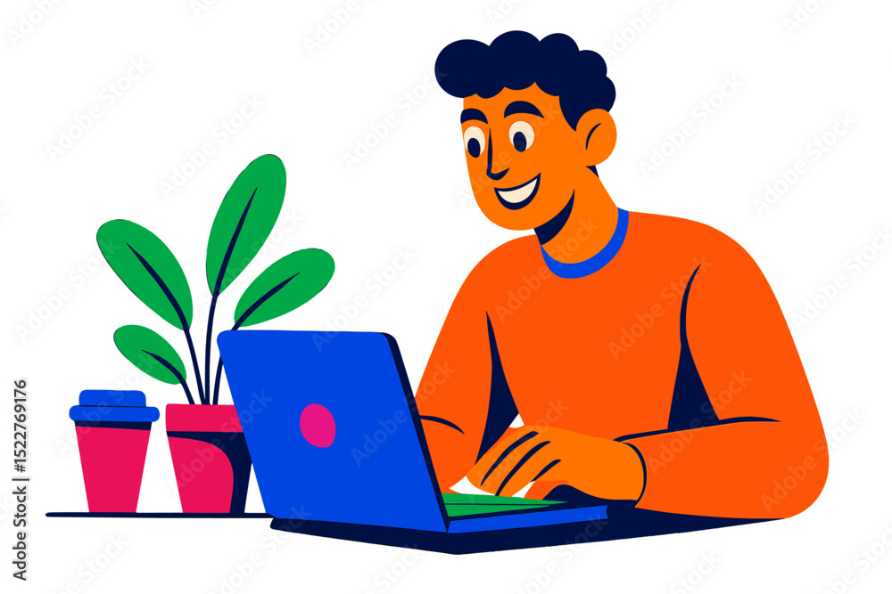 Poster person working on laptop at a table with plants and coffee cups in a bright and colorful environment