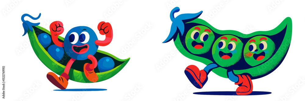Poster colorful cartoon peas running and playing in a vibrant environment, showcasing a fun and lively char