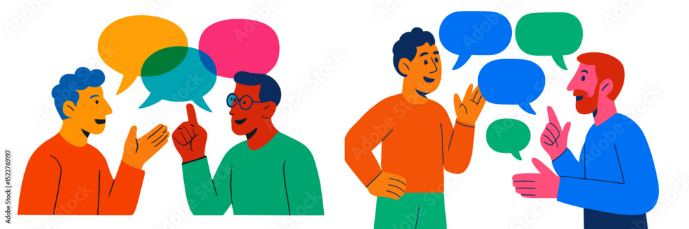 Poster Two groups of people engaged in lively conversations with colorful speech bubbles representing dialogue and ideas exchanged