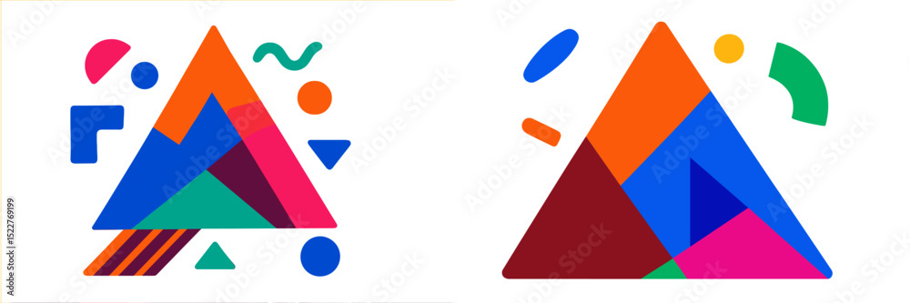 Poster Colorful abstract geometric design featuring two pyramids with vibrant shapes and patterns against a light background