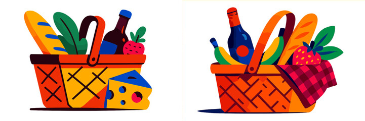 Colorful picnic baskets filled with food and drinks ready for a fun outdoor gathering