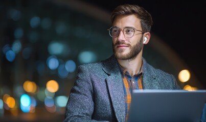 Man with glasses and blazer using laptop at night with city lights in the background looking away