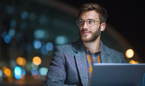 Man with glasses and blazer using laptop at night with city lights in the background looking away