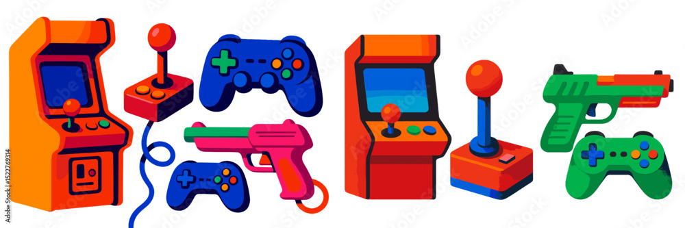 Aufkleber Colorful illustration showcasing various gaming controllers and arcade machines in a playful layout