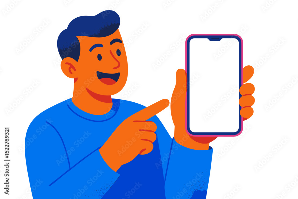 Poster person holds smartphone while pointing at screen in bright and colorful digital art style