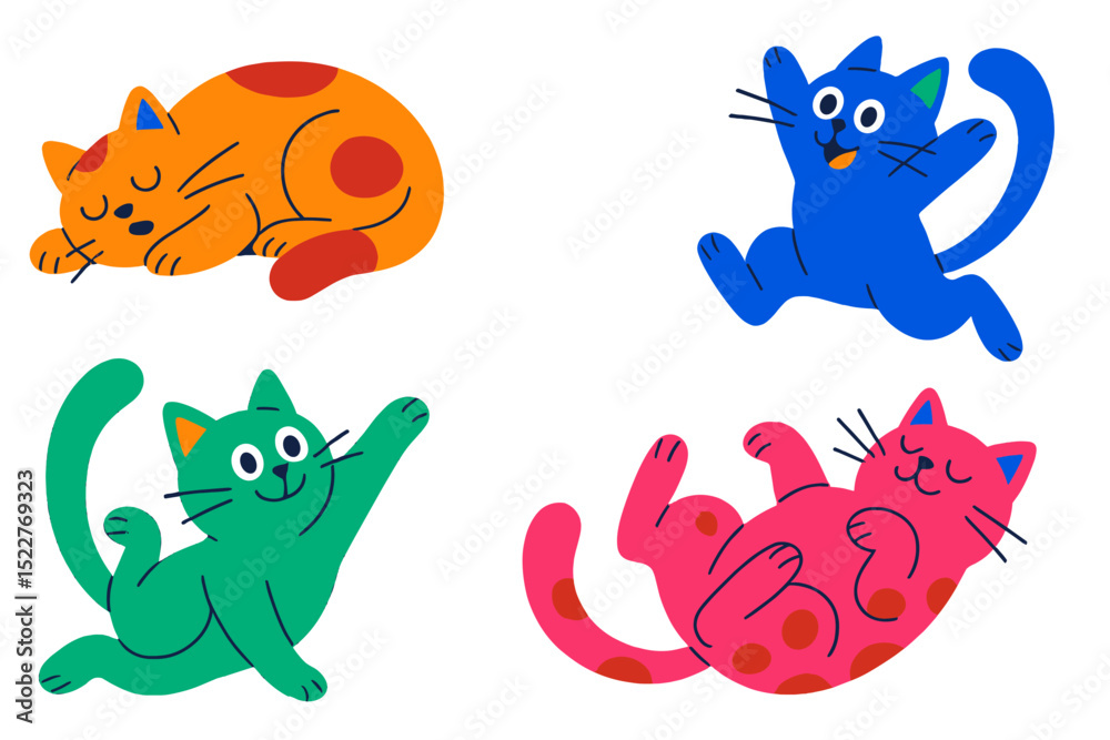 Poster colorful cartoon cats playing and relaxing in a cheerful setting with bright colors and whimsical ex