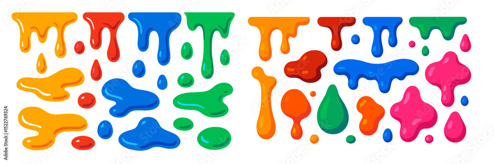 Aufkleber Colorful paint drips in various shapes and sizes create an artistic display on a white background