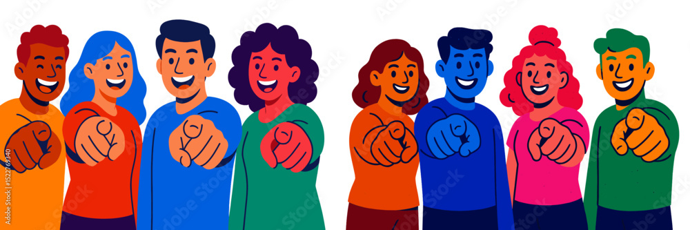 Poster group of diverse friends joyfully pointing at the viewer in a colorful illustration