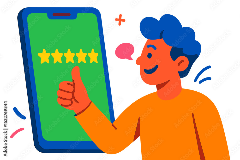 Poster Person showing approval with a thumbs up while interacting with a five-star rating on a smartphone screen