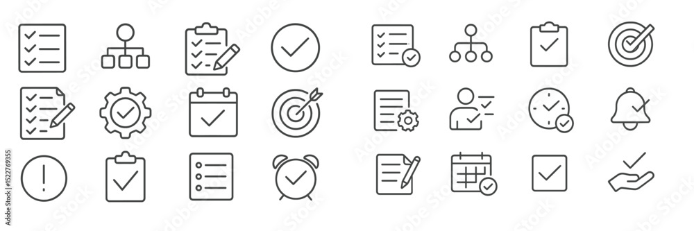 Fototapete Line art icons representing various tasks and organization concepts arranged in a neat grid format