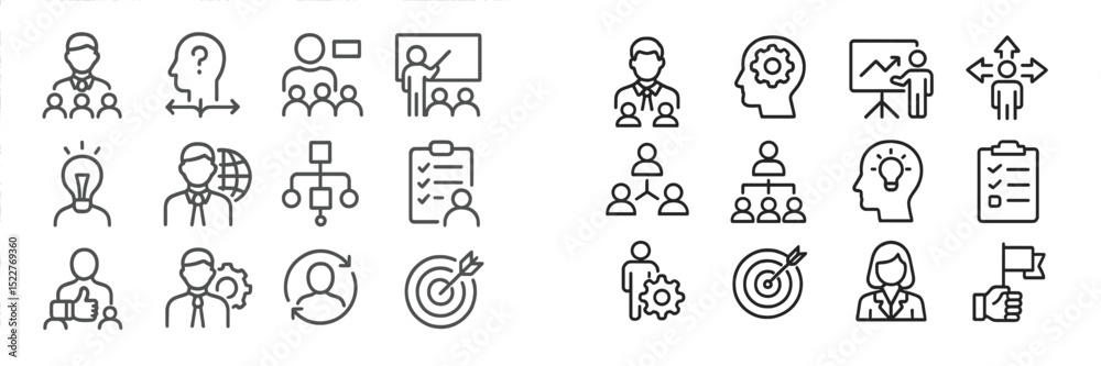 Poster collection of icons representing teamwork, leadership, and brainstorming in a business environment d