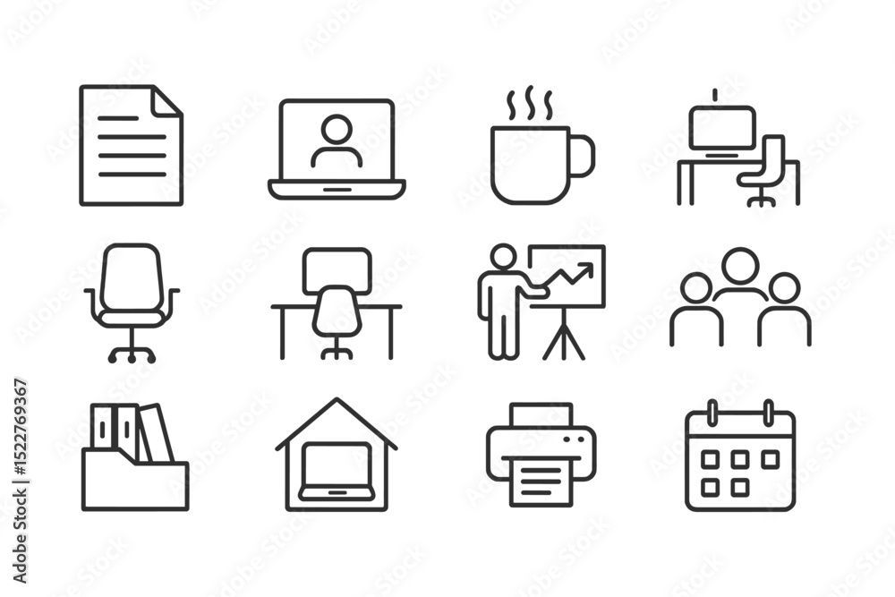 Poster icons representing various office activities and tools for effective workspace management and remote