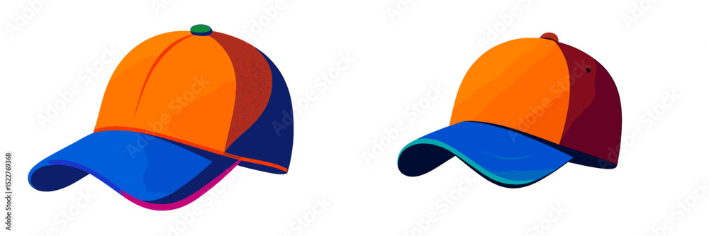 Poster colorful and vibrant baseball caps displayed side by side in a minimalist style, emphasizing their u