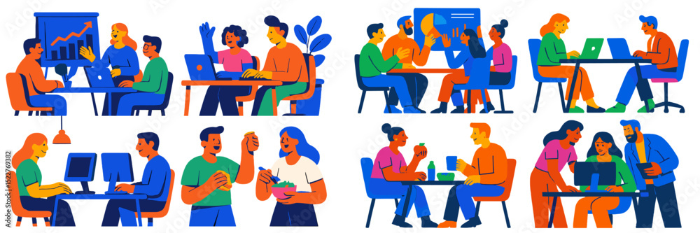Poster collaboration and teamwork in a modern office environment with diverse groups engaged in various act