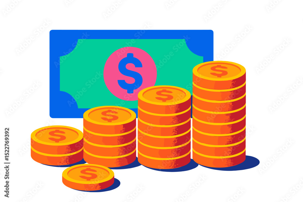 Poster stacks of coins and a banknote arranged creatively to symbolize wealth and financial growth in a vib