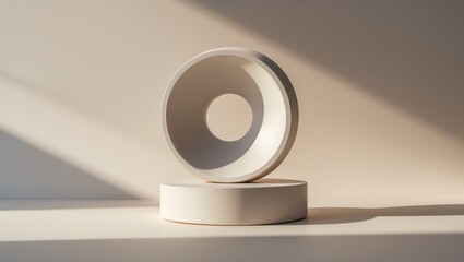 Displaying abstract sculpture featuring beige cylinder and ring disc in gallery, light