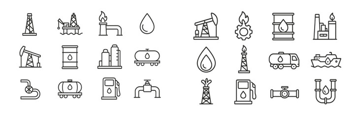 Oil industry icons representing various aspects of oil extraction, processing, and transportation in a minimalist style