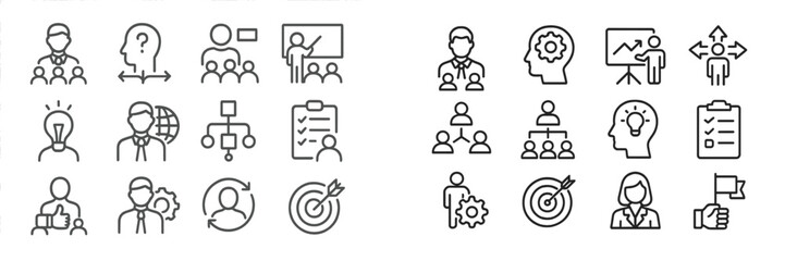 Collection of icons representing teamwork, leadership, and brainstorming in a business environment during a training session