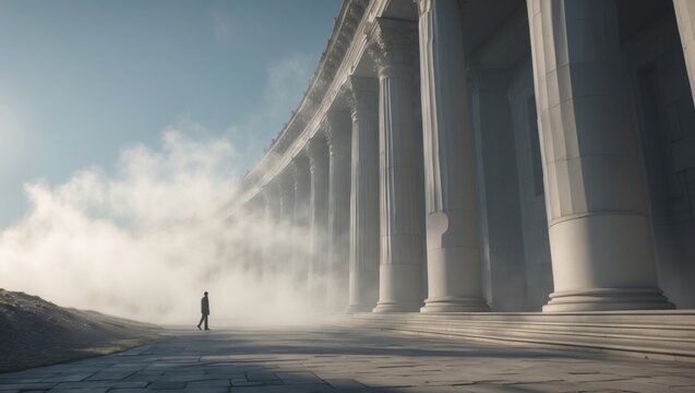 Walking man wearing formal attire across stone plaza, with classical columns and mist, copy space