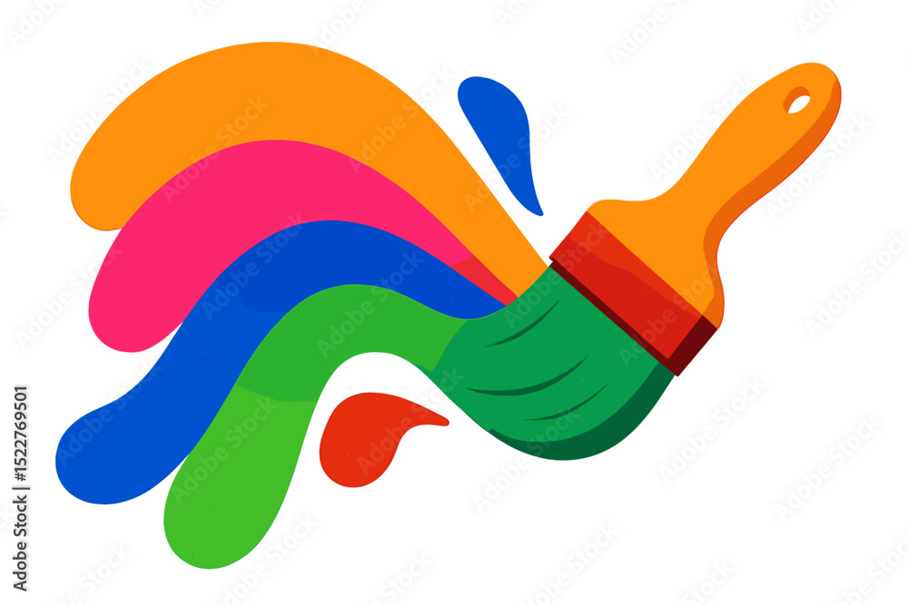 Poster Colorful paintbrush with vibrant splashes creating artistic expression in a creative workspace