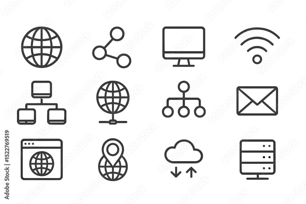 Poster Collection of digital icons representing internet connectivity, networking, and communication