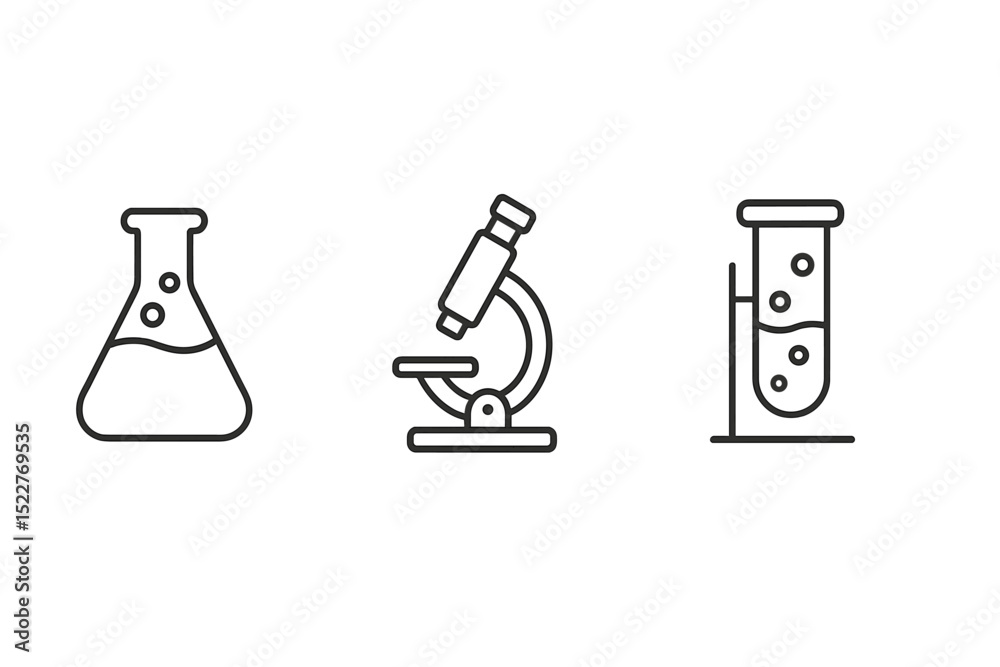 Poster laboratory equipment including a flask, microscope, and test tube in a minimalist design showcasing 