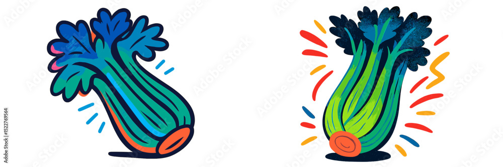 Poster Creative illustration of vibrant celery with playful colors and dynamic lines showcasing freshness and vitality
