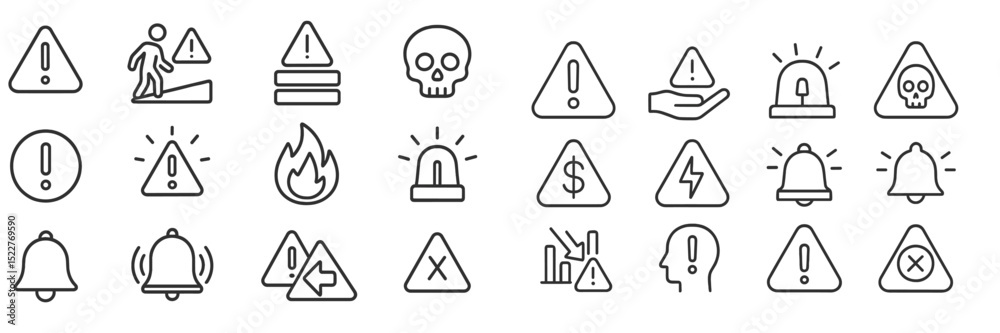 Poster Safety symbols for warning and alert systems illustrated in a simple design, showcasing various hazard indicators and notification icons clearly