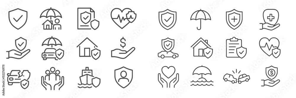 Poster diverse line icons representing insurance concepts including health, home, and auto coverage with pr