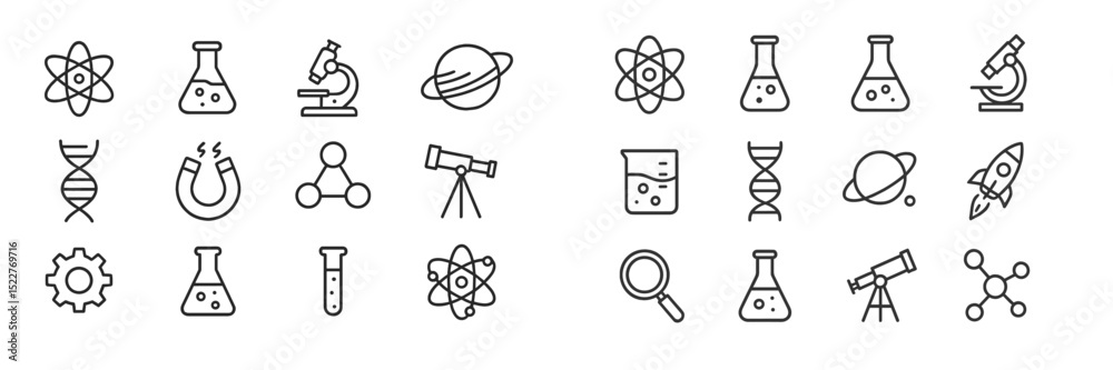 Poster Science symbols and icons representing various scientific fields arranged in a neat layout for educational use