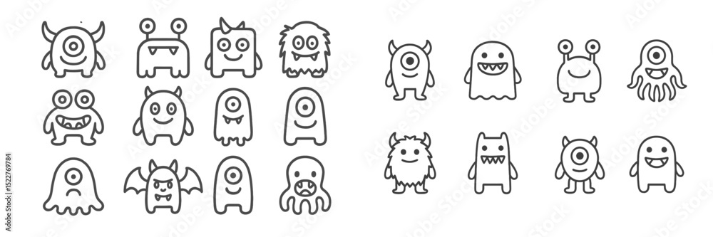 Poster Cute and playful monster character designs featuring various shapes and expressions in a whimsical style