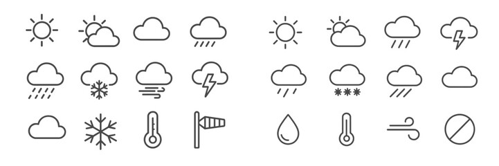 Obraz premium Weather symbols showing various conditions including sun, clouds, rain, and snow in a clear, simple design