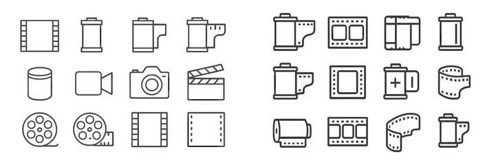 Collection of film-related icons showcasing cameras, film reels, and editing tools in a minimalist design