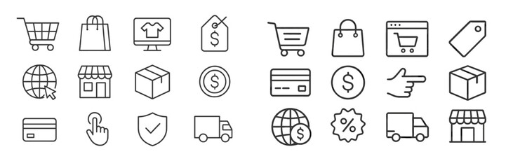 Shopping symbols and icons representing e-commerce and retail activities in various formats on a clean background