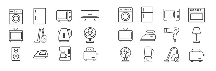Home appliance icons featuring a variety of essential household items in simple line art style