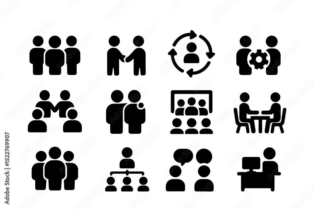 Aufkleber Various icons representing teamwork, collaboration, and communication in a professional setting with diverse interactions among multiple individuals