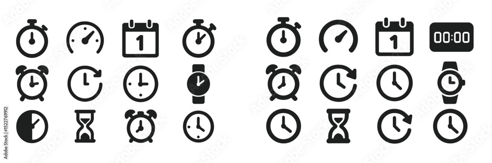 Leinwandbilder Various clock and timer icons displayed in black and white showing different styles and functions for time management