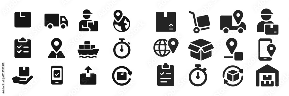 Poster icons representing delivery and logistics services in a modern design with various transportation me