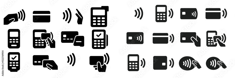 Poster Wireless payment icons illustrating contactless transactions for various devices and cards in a simple design format