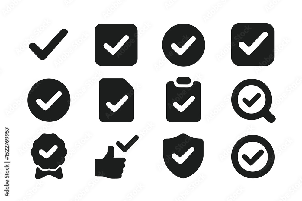 Aufkleber Various types of check marks and symbols for approval and verification in black and white style