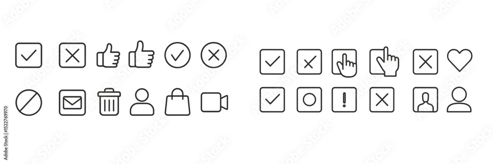Aufkleber Collection of minimalist icons representing various actions and statuses used in digital designs and user interfaces on a white background