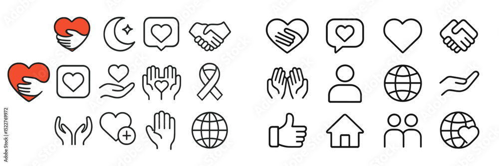 Poster collection of simple line art icons representing love, support, and community activities in a harmon