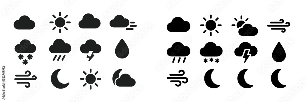 Poster weather icons representing various conditions such as sun, rain, snow, and clouds in a minimalistic 
