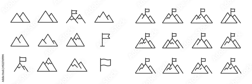 Aufkleber Collection of mountain icons with flags showcasing various designs and orientations for digital use and graphical projects