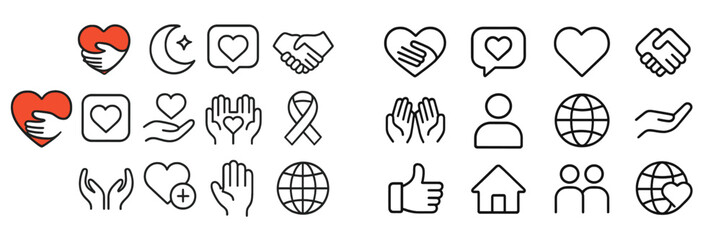 Fototapeta premium Collection of simple line art icons representing love, support, and community activities in a harmonious layout