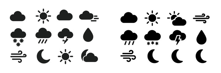 Fototapeta na wymiar Weather icons representing various conditions such as sun, rain, snow, and clouds in a minimalistic design
