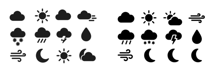 Fotobehang Weather icons representing various conditions such as sun, rain, snow, and clouds in a minimalistic design © Zaleman
