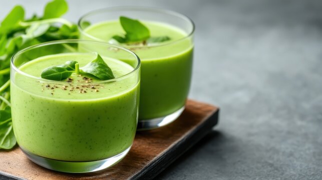 Two glass cups filled with vibrant green smoothies garnished with basil leaves, showcasing a refreshing and healthy beverage option packed with nutrients.