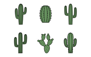 A set of various stylized cactus plants, showcasing their unique shapes and forms. The illustration captures the essence of desert vegetation with a simple yet elegant design
